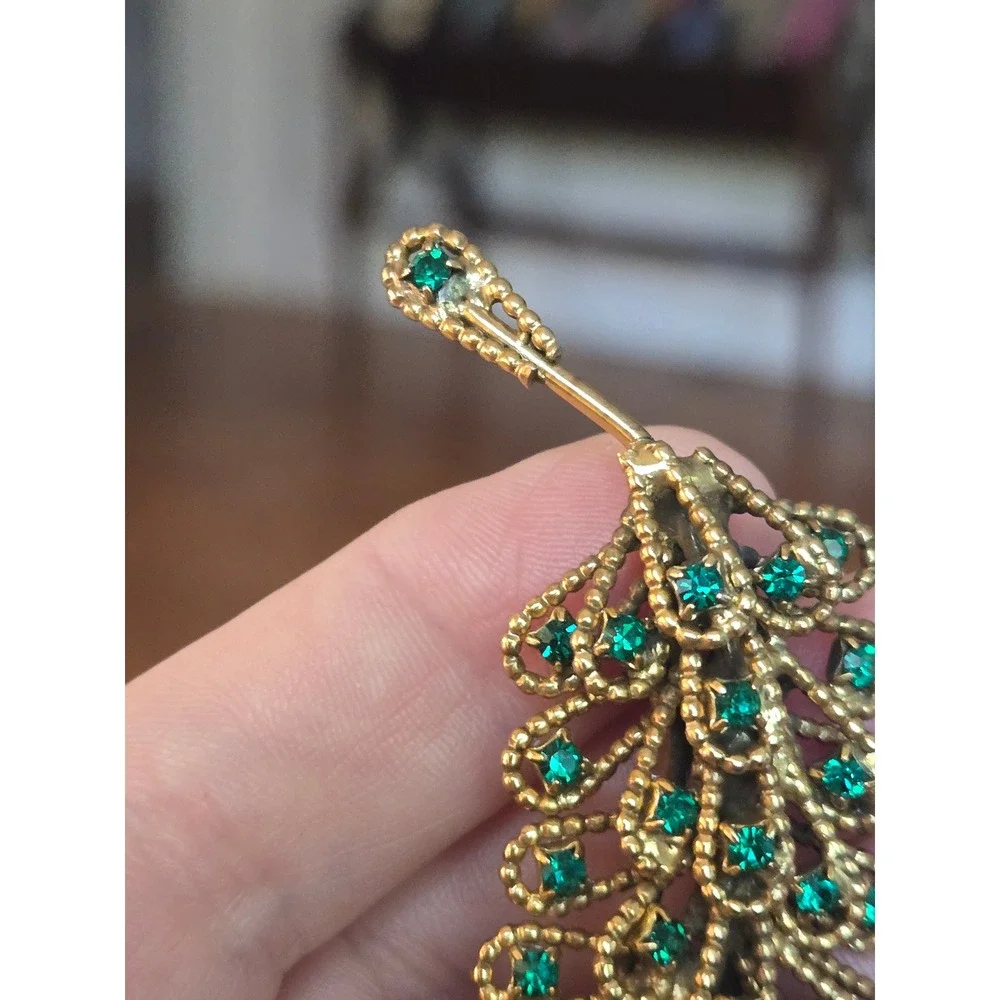 Alice Caviness Emerald Green Peacock Feather Brooch Goldtone Vintage Rare